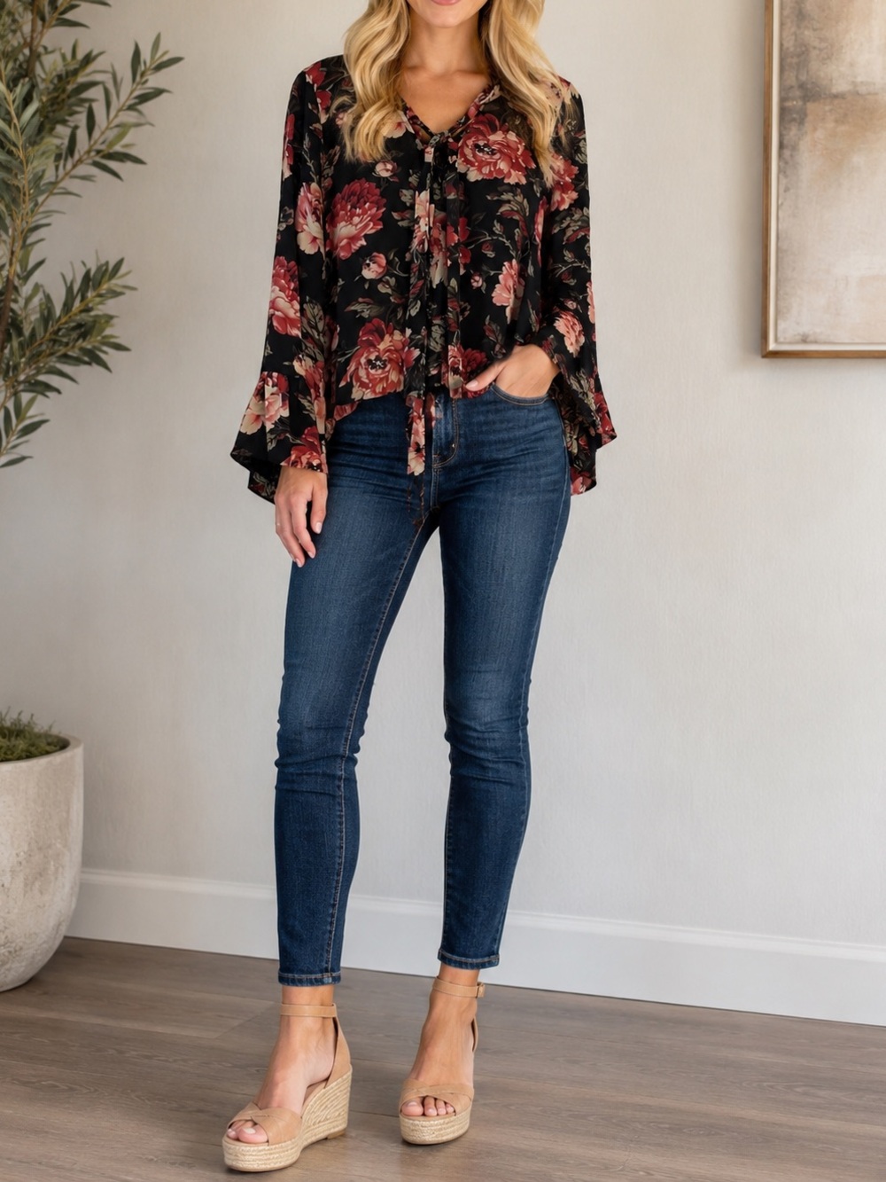Pleione Womens Lace Up Tie Neck Top Small Multicolor Floral Bell Sleeve Boho